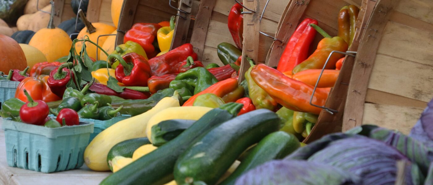 Peppers, squash, zucchini, cabbages, and pumpkins on a table